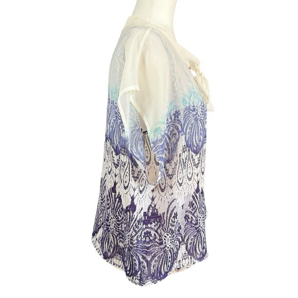 CAbi Blouse Medium Geo Moroccan Blue Print Tie Neck Flowy Layered Shell Top - Picture 5 of 14